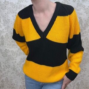 Vtg 90s Sweater Black Yellow Knit Punk Bee‎ Hufflepuff Retro Striped V-Neck S